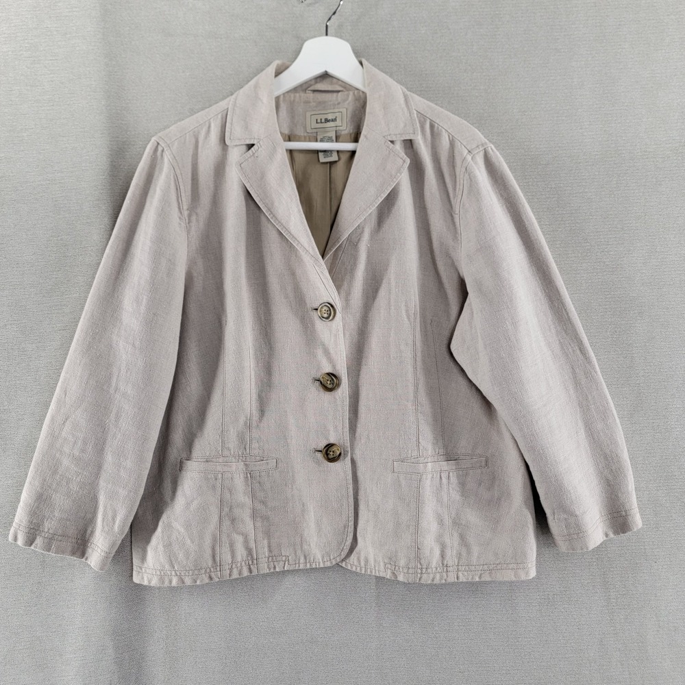 LL Bean Womens Jacket 100% Linen Vtg Y2K Coastal Blazer Size 16 Petite